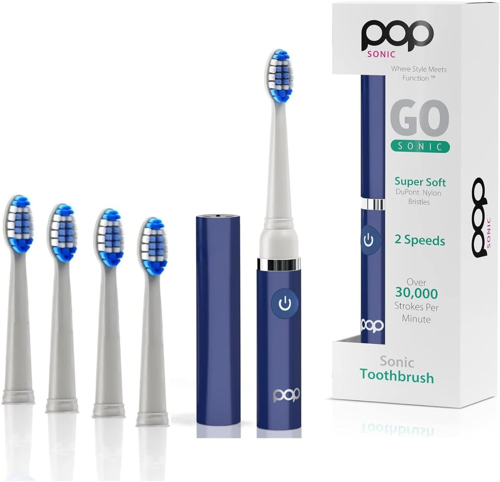 Pop Sonic Electric Toothbrush (Navy + 4 Brush Heads) - Travel Toothbrushes w/AAA Battery | Kids Electric Toothbrushes with 2 Speed & 15,000-30,000 Strokes/Minute, Dupont Nylon Bristles