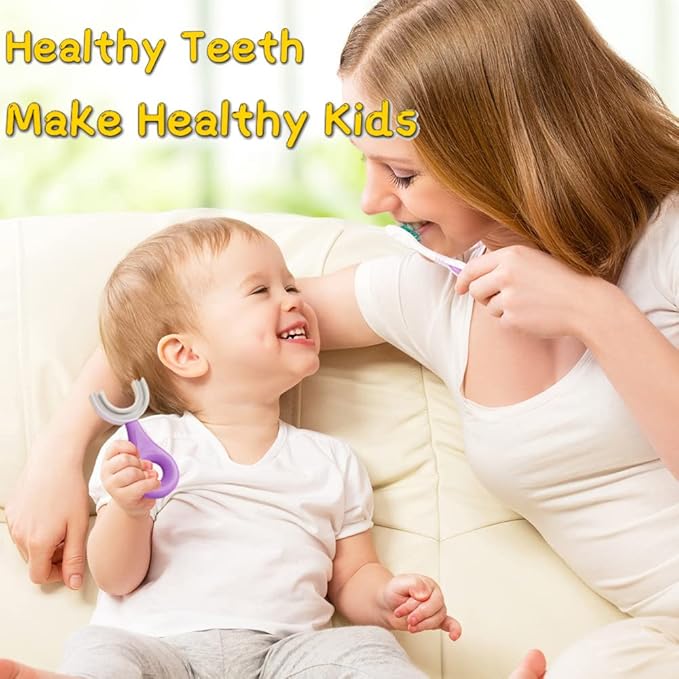 YOTEE U-Shaped Toothbrush Kids 2 PCS - Toddler Toothbrush with Food Grade Soft Silicone Brush Head, Manual Whole Mouth Tooth Brush for Kids Age 2-6(Purple+Yellow)