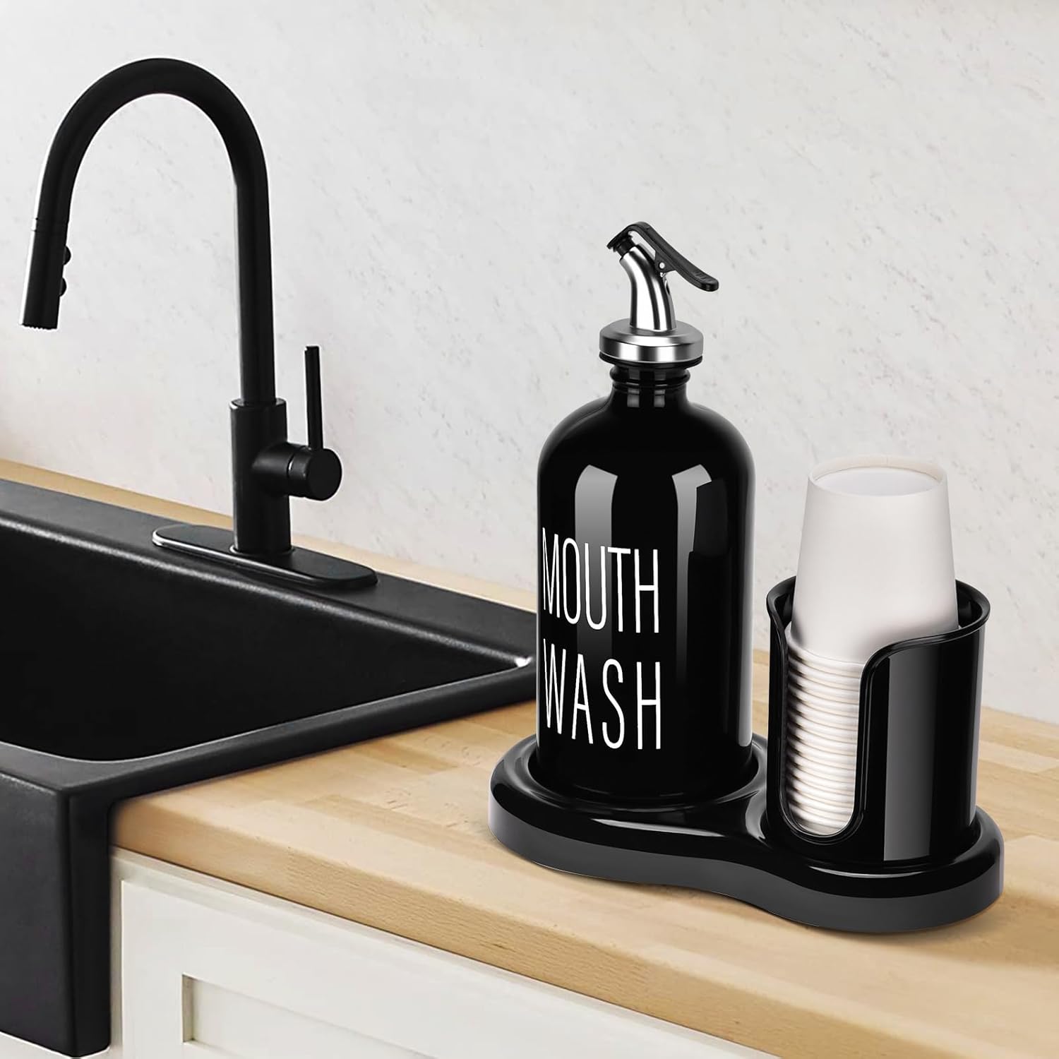 Glass Mouthwash Dispenser with Cup Holder,BYAWAY Mouthwash Set for Bathroom,16 OZ Refillable Mouthwash Bottle Container with 14 Mouthwash Cups,Funnel (Black)