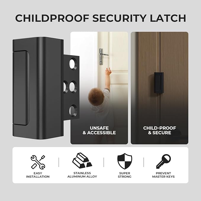 2Pack Home Security Door Reinforcement Lock Childproof, Door Locks for Kids Safety, Door Lock Latch Stopper for Front Door Inside Top of Door, Aluminum Construction Finish