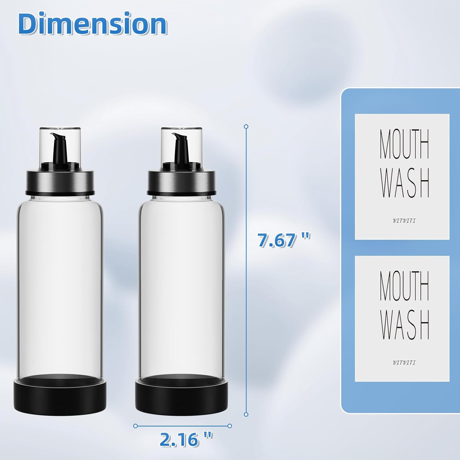 VITVITI 10OZ Mouthwash Dispenser for Bathroom, Glass Mouth Wash Container with Cup Lid, Clear Refillable Mouthwash Bottle Decanter with Silicone Pad/Labels, Set of 2