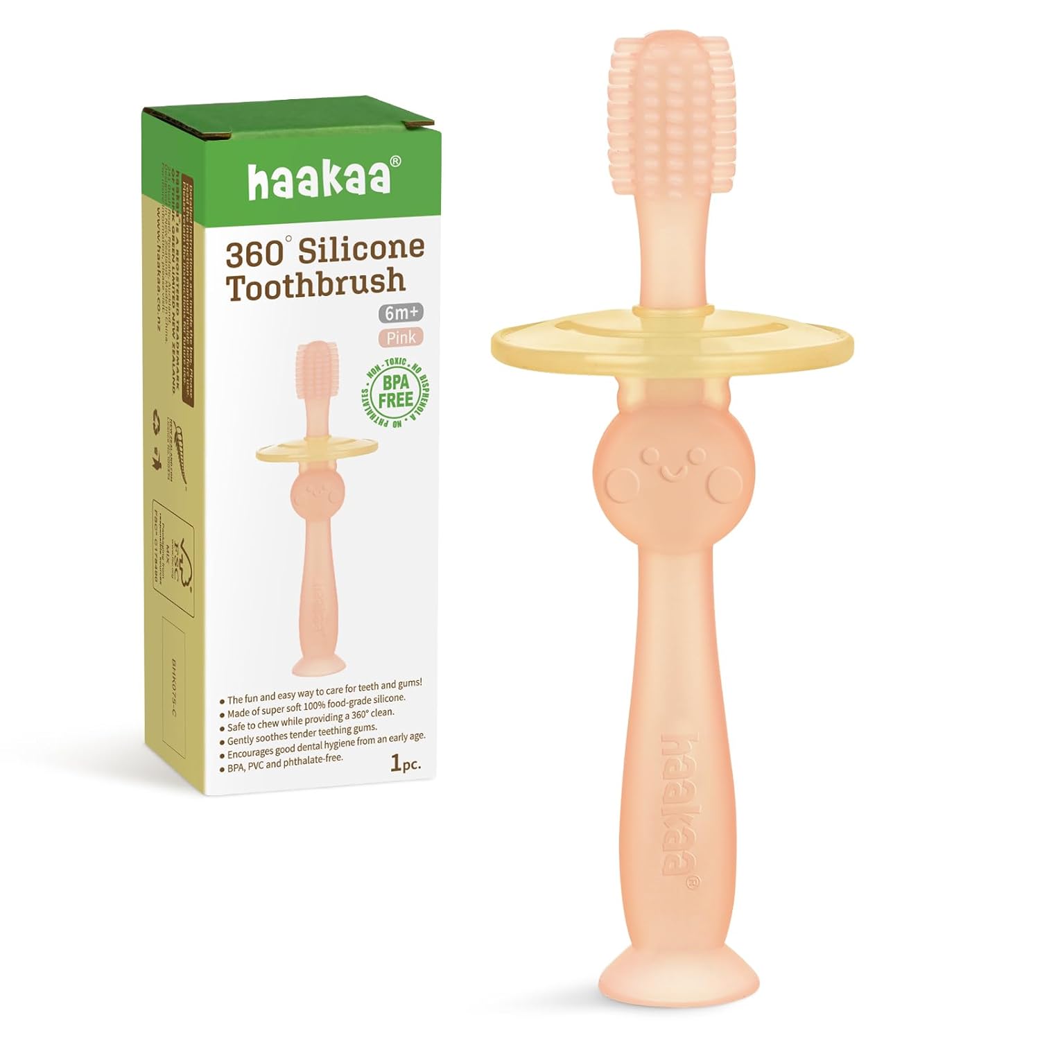 haakaa 360° Baby Toothbrush with Suction Base - Gentle Cleaning for Toddler's Self-Brushing Training, Food-Grade Silicone, Adjustable Safety Shield - Pink (1 Piece)