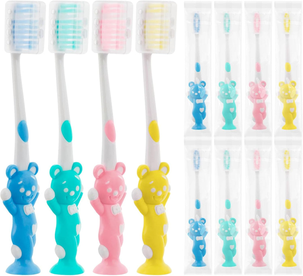 Toothbrushes for Kids In Bulk, Individually Wrapped Disposable Toothbrush Cute Manual Soft Bristles Children Toothbrush With Cover Suction Cup Toddler Toiletries Set for Home/School/Travel (8 Pack)