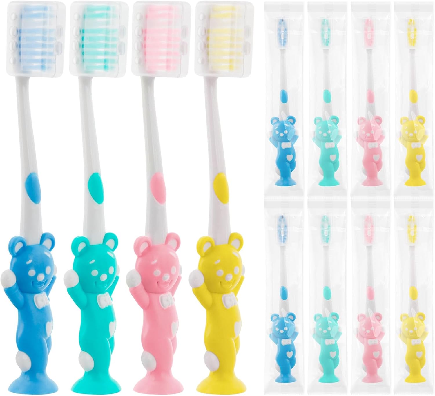 Toothbrushes for Kids In Bulk, Individually Wrapped Disposable Toothbrush Cute Manual Soft Bristles Children Toothbrush With Cover Suction Cup Toddler Toiletries Set for Home/School/Travel (8 Pack)