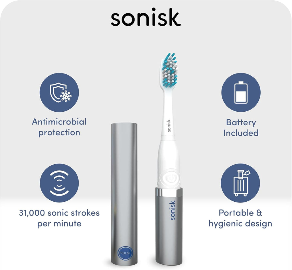 Sonisk Pulse | Battery Powered Electric Toothbrush | Sonic Technology | 1x Battery, 2X Brush Heads, 1x Travel Case Included | 31,000 Strokes Per Minute | Portable Size | Metallic Silver