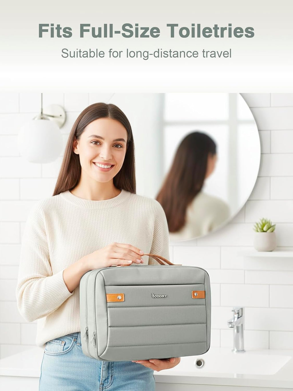 Women's Hanging Toiletry Bag, Waterproof Travel Cosmetic Organizer with Jewelry Storage, Large Capacity Makeup Case for Full-Size Skincare & Bathroom Essentials, Portable Cosmetic kit, Grey