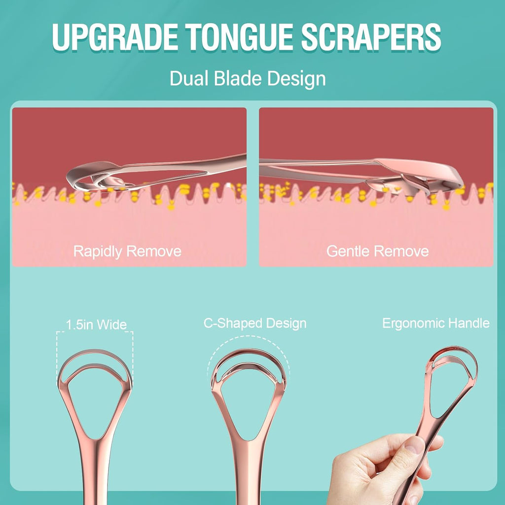 RONAVO Tongue Scraper (Elegant in Rose Gold), Tongue Cleaner for Elegant Women, Metal Tongue Scraper | Take Care of Your Shining Tongue, Remove Tongue Coating, Reduce Bad Breath, with Travel Case