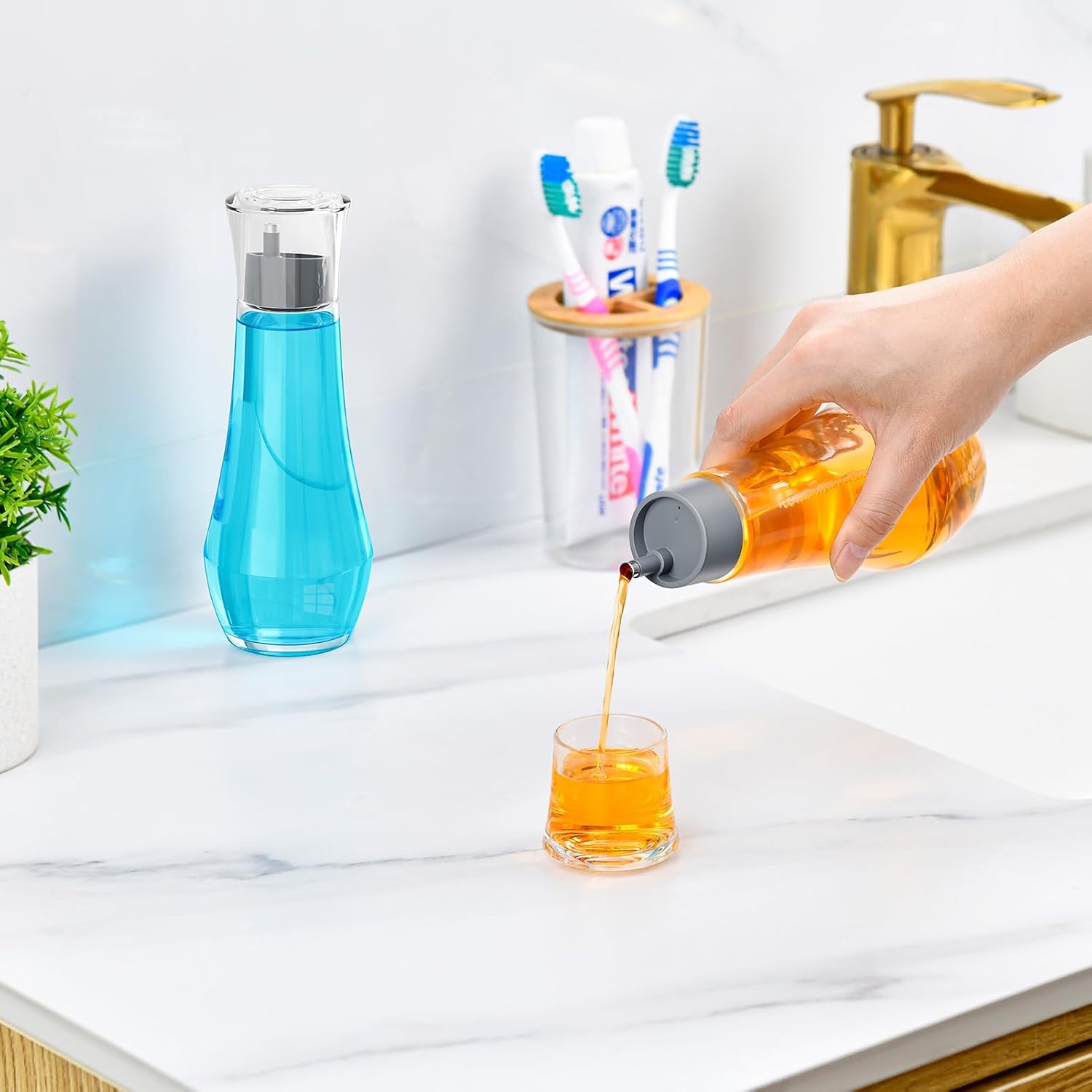 VITVITI Glass Mouthwash Dispenser for Bathroom, 8.8OZ Mouth Wash Container Bottle with Lid Cup, Small Clear Refillable Mouthwash Dispenser Decanter for Countertop, Set of 2, Gray