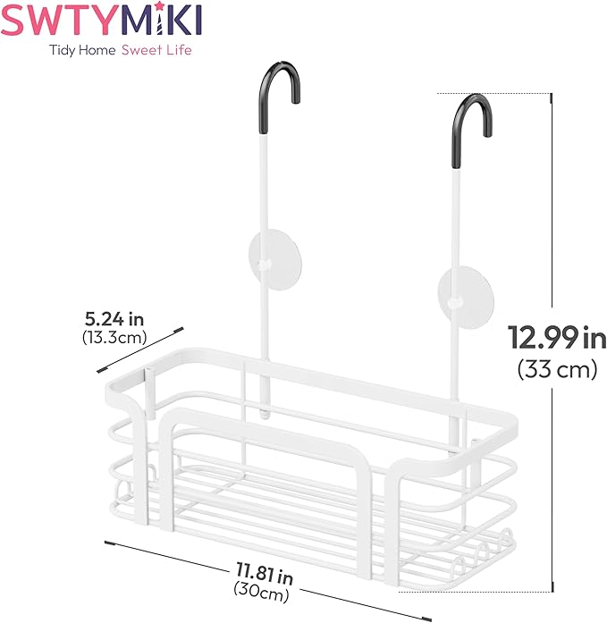 SWTYMIKI Shower Caddy Hanging Organizer - Over the Door Shower Caddy with 6 Hooks, 2 Installation Ways, Stainless Steel Rustproof Bathroom Organizer, White