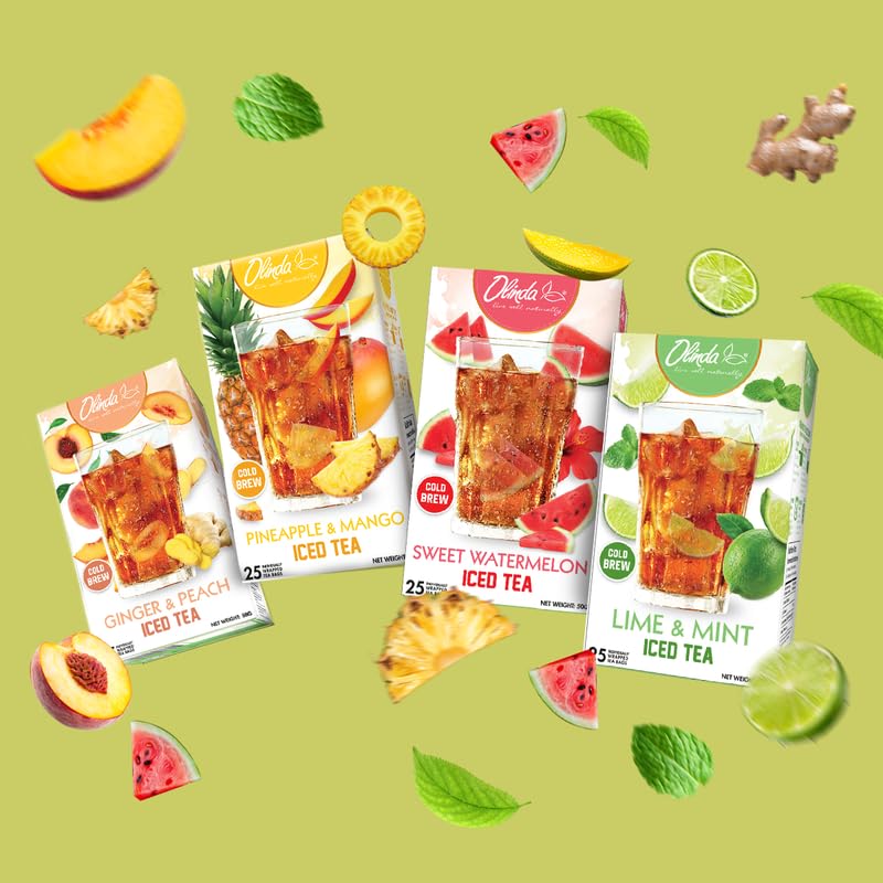 Olinda Lime & Mint Iced Tea Organic Herbal Sugar Free Minty Hot and Cold Brew Supports Healthy Digestion Naturally Caffeinated Refreshing Peppermint Tea Individually Wrapped 25 Tea Bags Christmas Gift