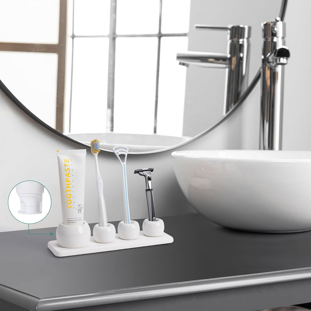 4 Pack Mini Ceramic Toothbrush Holder Stand with 1 Pack Water Absorbing Stone for Bathroom Vanity Countertop, Electric Toothbrush Organizer, White
