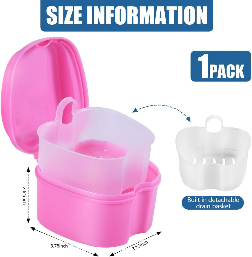 Pink Denture Bath Case Cup Box Holder Storage Soak Container with Strainer Basket for Travel Cleaning