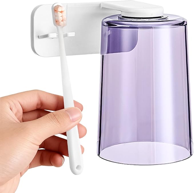 Toothbrush Cup Organizer - Adhesive Rinse Cup Set, Wall Mounted Brush Dispenser, Bathroom Accessory with Space Saving Design, Tooth Care Holder for Home Apartment Dorm Office Hotel RV Travel