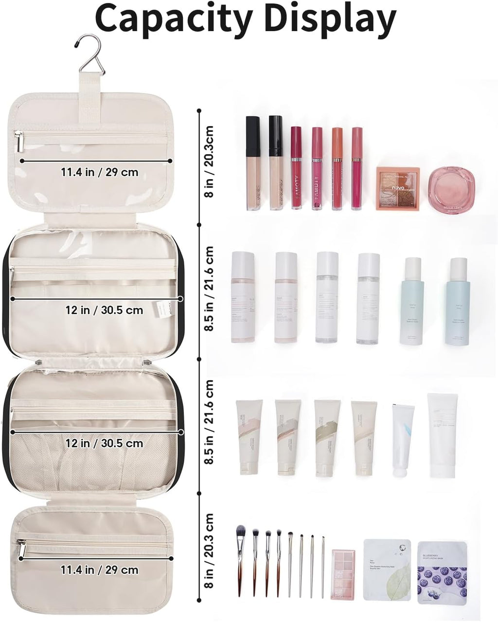 Narwey Travel Toiletry Bag for Women Large Hanging Makeup Bag Organizer Toiletries Bag for Full Size Essentials Accessories Cosmetics (Black (Large))