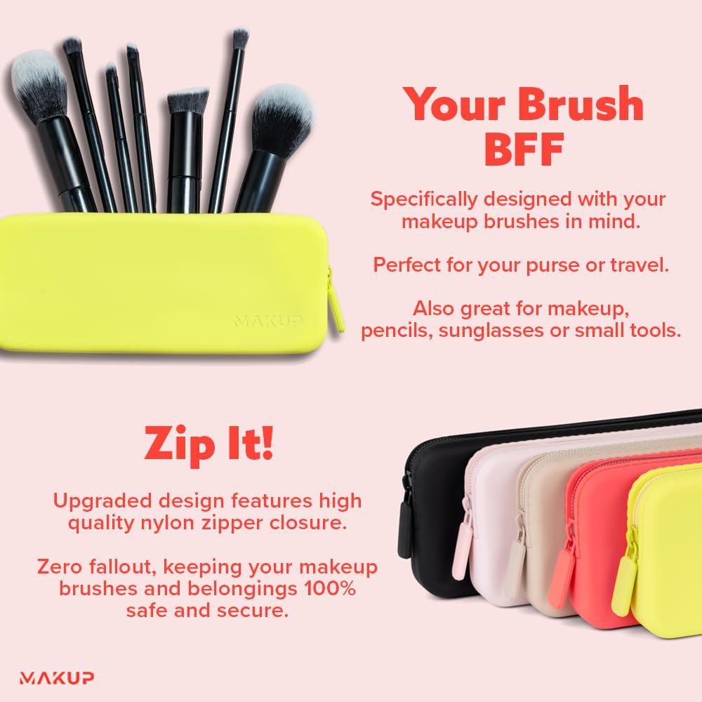 MAKUP Silicone Makeup Bag, Makeup Brush Holder with Zipper for Organizing Cosmetics, Makeup Brushes, Tools and Pencils, Washable Makeup Brush Holder Pouch for Travel (Electric Lime)