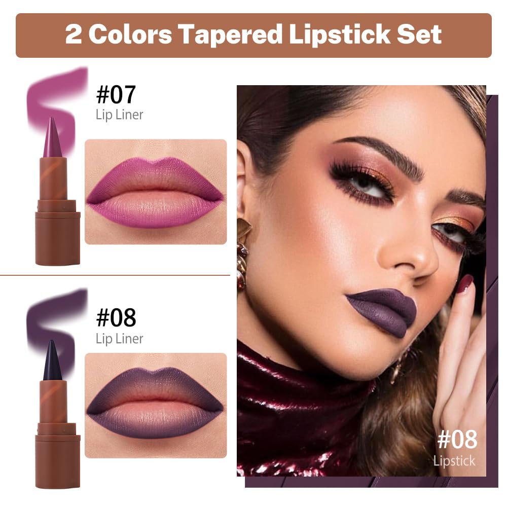 2in1 Gradient Lip Liner & Lipstick Combo,Matte Longwear Waterproof Lip Pencil with Cone Tip,Smudge Proof Crayon for Flawless Ombre Contour,Women's Long Lasting Makeup Set(07Lilac Dream+08Violet Noir)