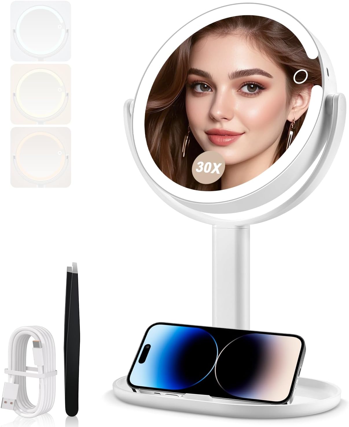 MIYADIVA Makeup Mirror with Lights, 30X Magnifying Mirror with 2-Sided Switch, Vanity Mirror with 3 Colors and Adjustable Brightness, 80 LEDs, Ideal Gift for Daily Makeup and Skincare, 8.8 Inches