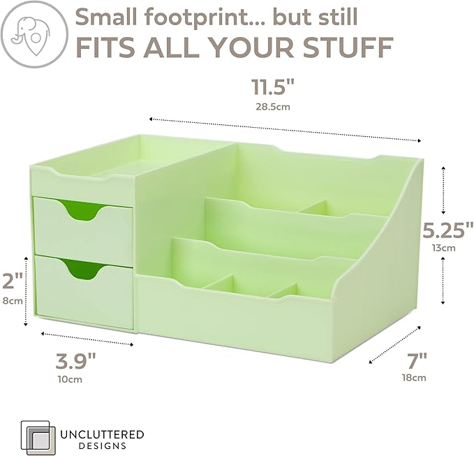 Uncluttered Designs Makeup Organizer With Drawers - Modern Countertop Storage for Cosmetics - Chic Vanity Holder for Perfume, Skincare, Brush, Lipstick, Nail Polish Organization & Display (Green)