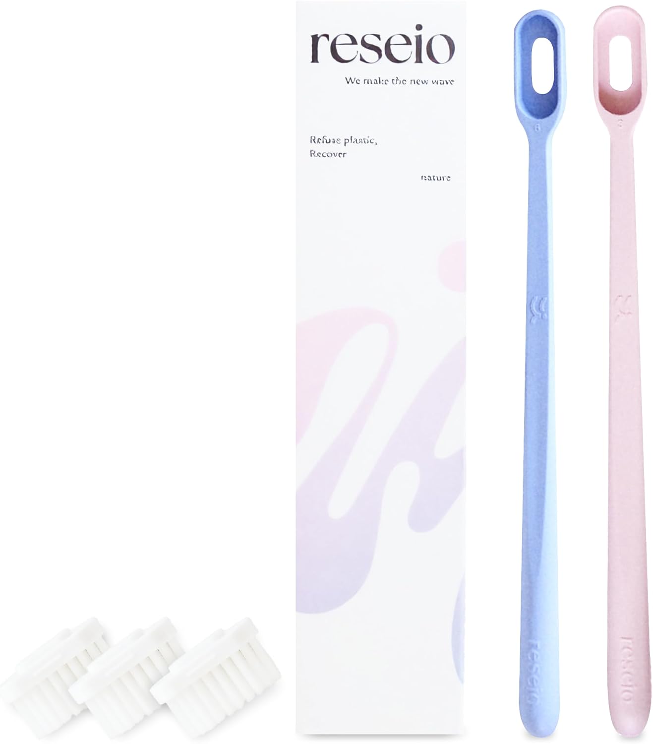 Reseio Eco Toothbrush Set with 3 Replaceable HeadsㅣSoft BristlesㅣPlastic-FreeㅣBPA-FreeㅣSustainable Oral CareㅣTravel Pouch Included - Blue