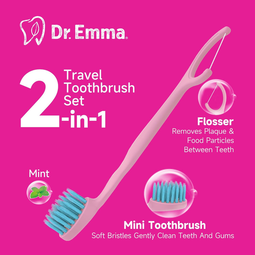 Dr. Emma Mini Brush Disposable Toothbrushes with Floss, Travel Mint Toothbrush for On-The-Go Use, 24 Packs Individually Wrapped Small Portable Toothbrush, Pink