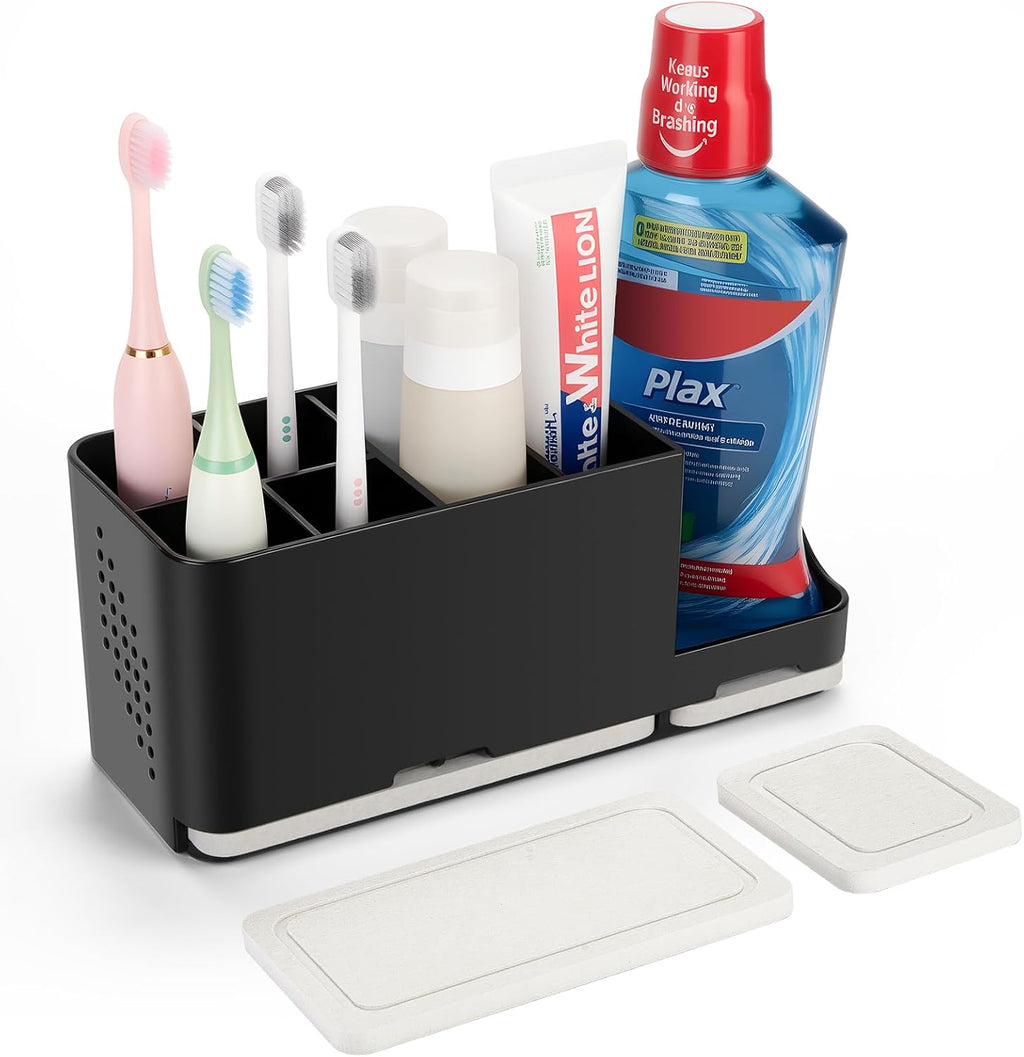 Toothbrush Holder for Bathroom Organizer with Diatom mud Board，Detachable 8 Slots Kids Electric Toothbrush Holder and Toothpaste Stand for Countertop Accessories Storage (Black)