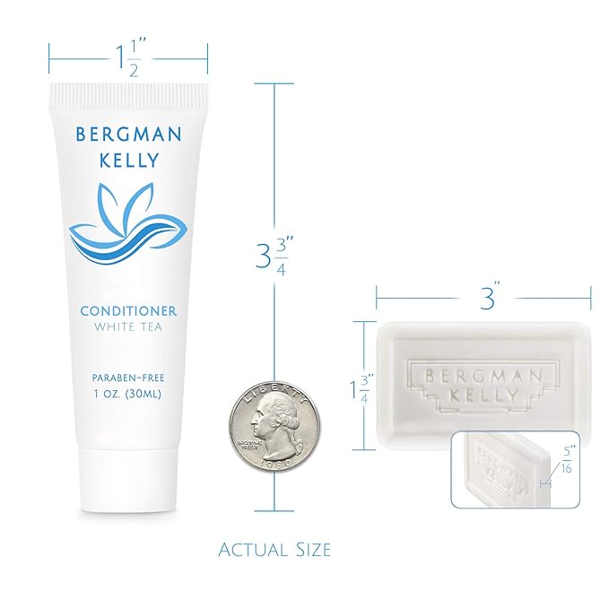 BERGMAN KELLY Rectangular Hotel Soap Bars, Shampoo & Conditioner 3-Piece Set (1 oz each, 150 pc, White Tea), Delight Guests with Revitalizing & Refreshing Mini Travel Toiletries & Bulk Amenities