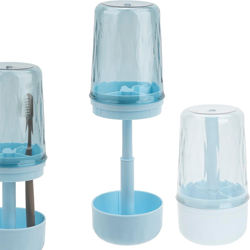 Toothbrush Holder Stand with Cup/Cover, Adjustable Height Toothbrush Organizer with 3 Slots, Portable for Bathroom, Travel, Camping (Blue)