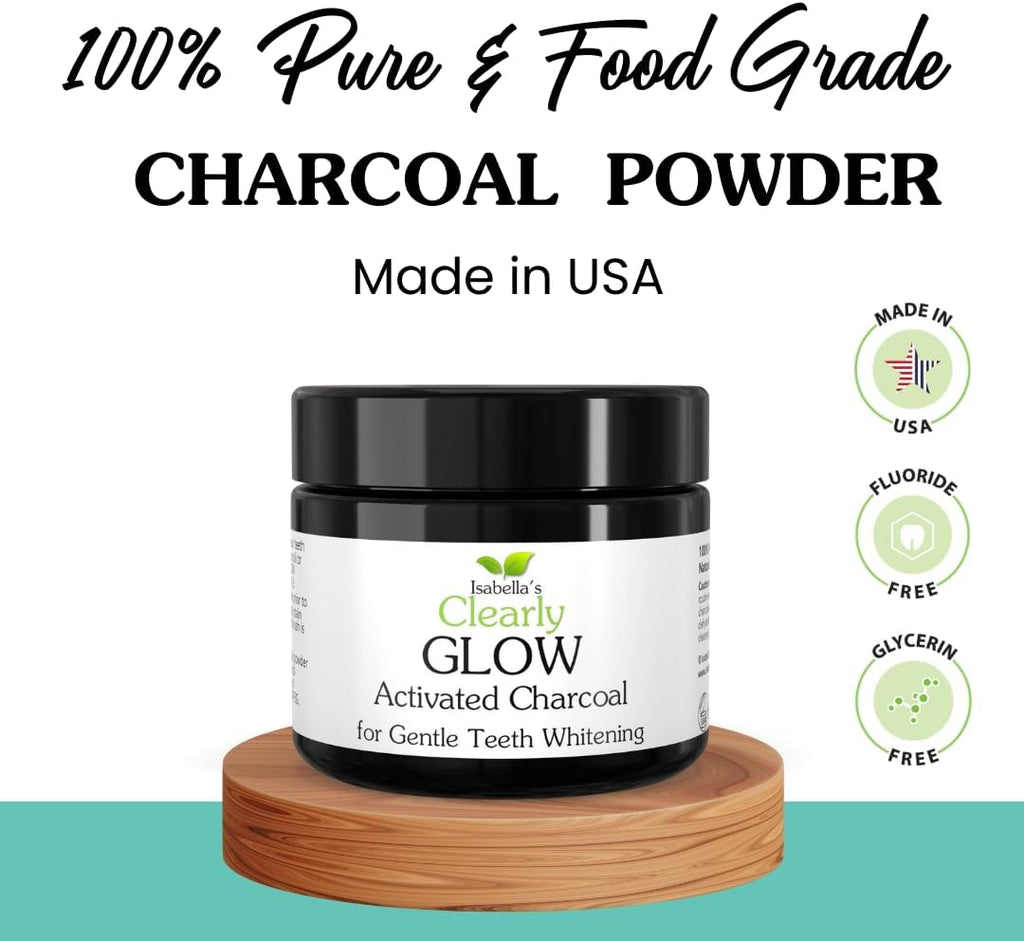 Glow Teeth Whitening Kit (4 Piece) | Pure Food Grade Activated Charcoal Powder + Bamboo Ultra Soft Toothbrush + Copper Tongue Cleaner + Eco Canvas Gift Bag