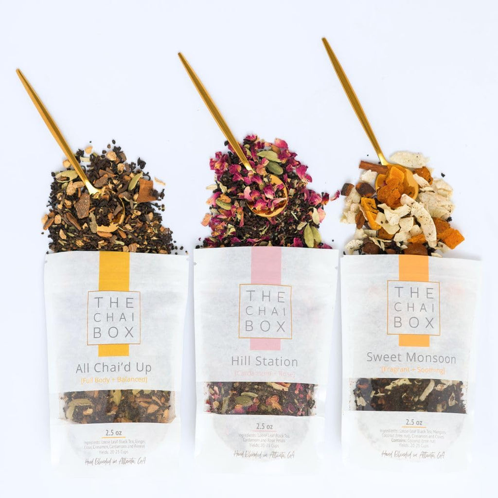 The Chai Box Top Selling Loose Leaf Tea Gift Set - Featured in Oprah's Favorite Things | 3-Flavor Caffeinated Chai Tea Gift Box with Stainless Steel Steeper (3 Pack) | Small Batch Loose Leaf Tea with Whole, Premium Spices