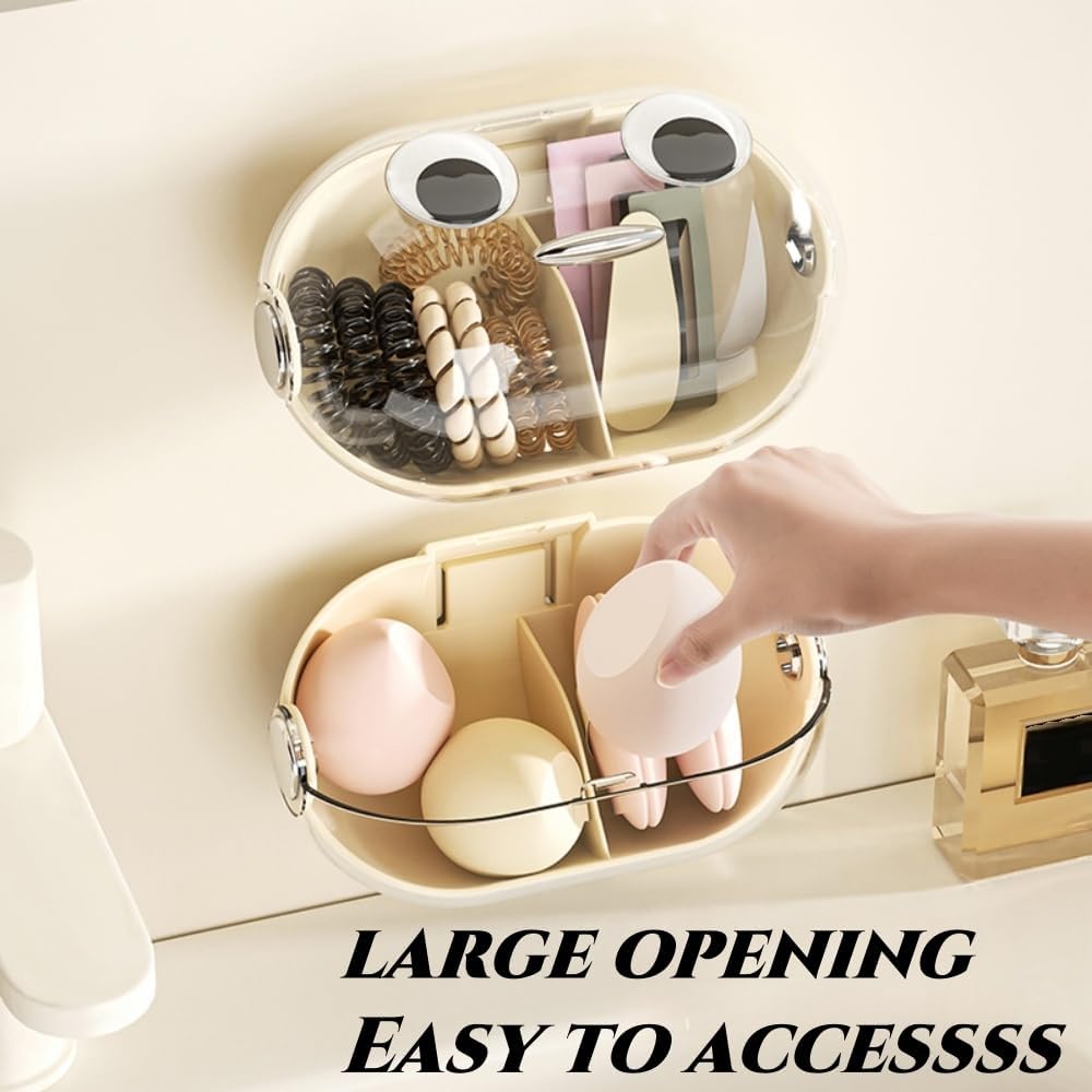 Wall-Mounted Makeup Sponge Holder Beauty Blender Holder Small Hair Accessories Organizer Drying Storage Box for Bathroom Countertop with Cute Big Eyes and Lid, 2 Compartments(1 PC,whiter)