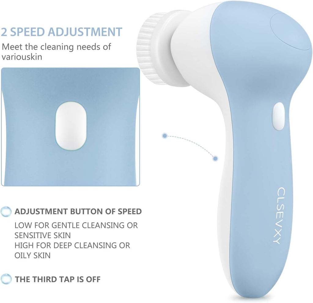 Rechargeable Facial Cleansing Spin Brush Set with 7 Exfoliating Brush Heads - Complete Face Spa System by CLSEVXY - Advanced Microdermabrasion for Gentle Exfoliation and Deep Scrubbing