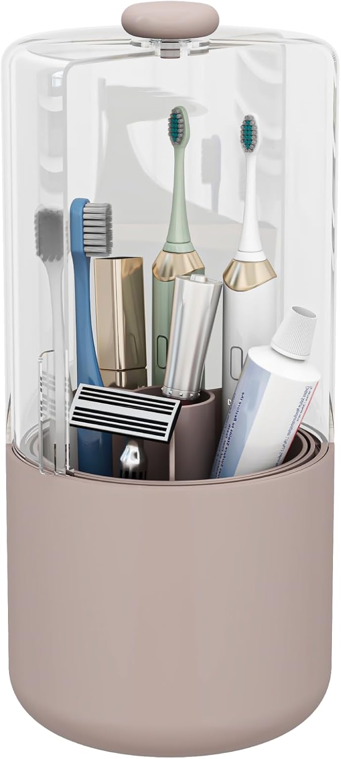 Toothbrush Holder with Cover 360 Rotating 4 Compartments Bathroom Toothpaste Electric Toothbrush Organizer, Pink