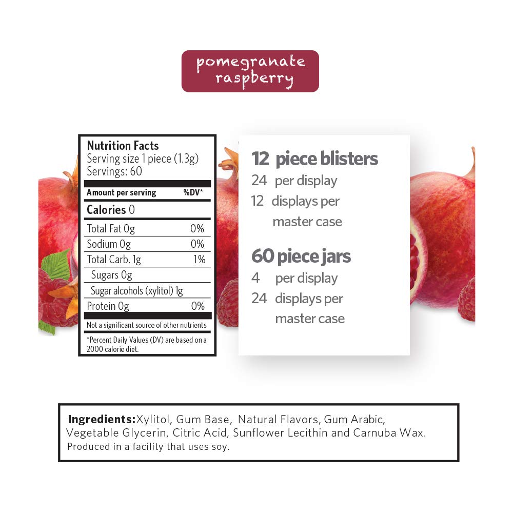 Xylichew 100% Xylitol Chewing Gum - Non GMO, Non Aspartame, Gluten Free, and Sugar Free Gum - Natural Oral Care, Relieves Bad Breath and Dry Mouth - Pomegranate Raspberry, 288 Count