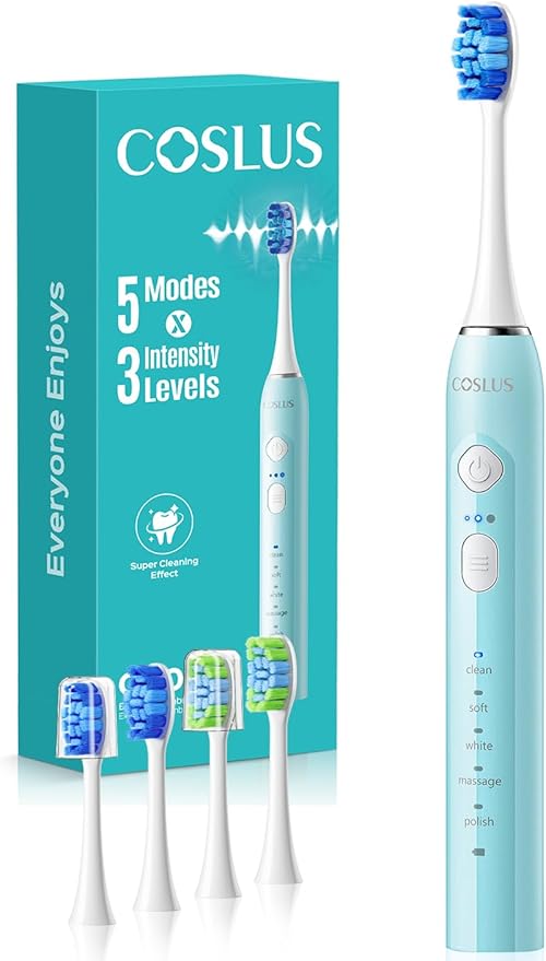 COSLUS Sonic Electric Toothbrush for Adults & Kids: 3 Intensities 5 Modes Gum-Friendly for Deep Cleaning & Whitening - 2 Types of Heads for Family, Sensitive Teeth, Braces, Travel & Home Use, Green
