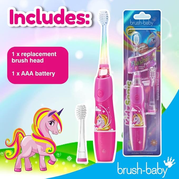 brush-baby - KidzSonic Unicorn Kids Electric Toothbrush, Ages 3+ Years - DeepClean Bristles, Suction Base - Fun Design with Flashing Lights - 2 x Replacement Heads & 1 x AAA Battery