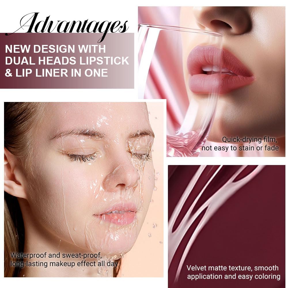 1Pcs 2 in 1 Dark Red Matte Lip Liner and Liquid Lipstick Stain Makeup Set for women, Red Long Lasting Smudge Proof Lip Tint Matte Finish Lip Gloss for All-Day Color Hold Easy to Use 15#