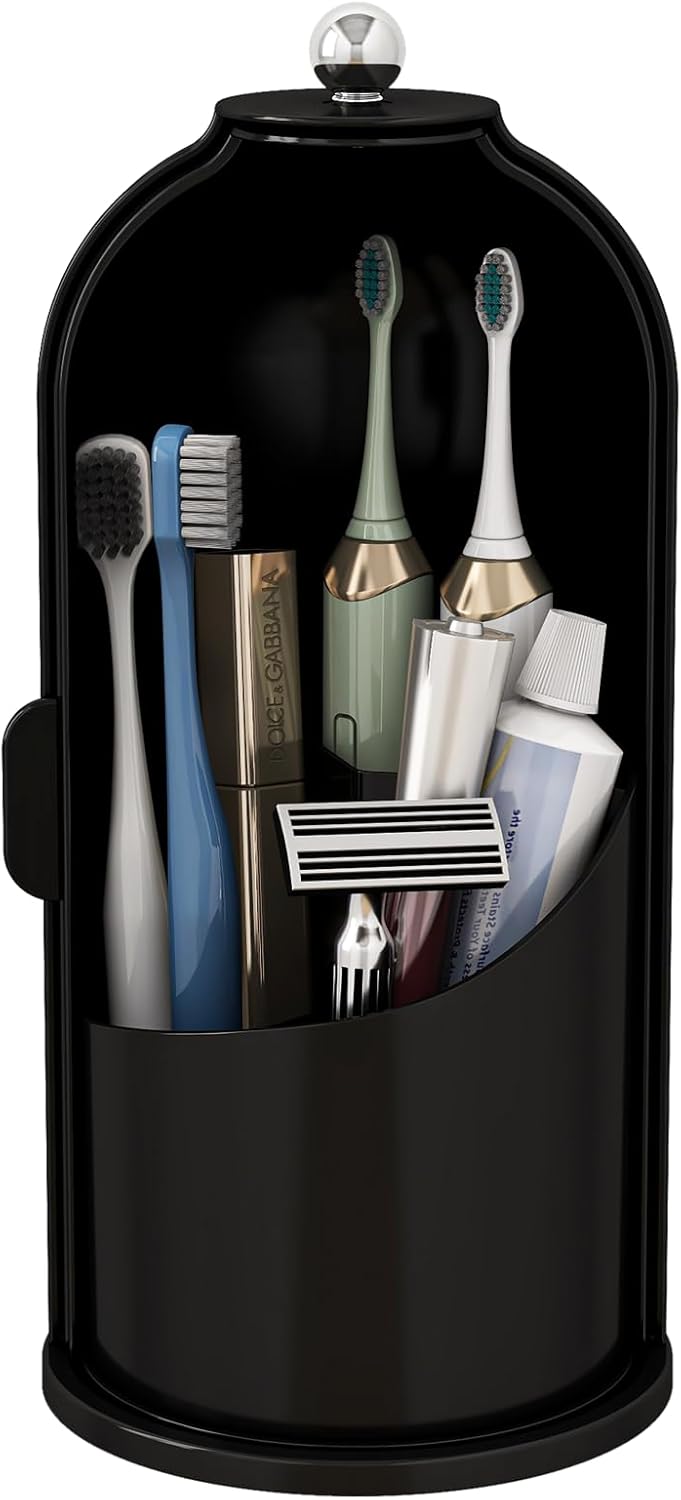 Dustproof Toothbrush Holders with Cover, Rotating Electric Toothbrush and Toothpaste Holder for Bathroom Countertop, 3 Slots Makeup Brushes Organizer, Solid Black
