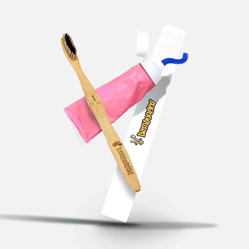 Bamboozled | Bamboo Toothbrush | BPA Free | Charcoal Infused Soft Bristles | Environmentally Friendly & Biodegradable | Set of 4 | with Bamboo Toothbrush Holder