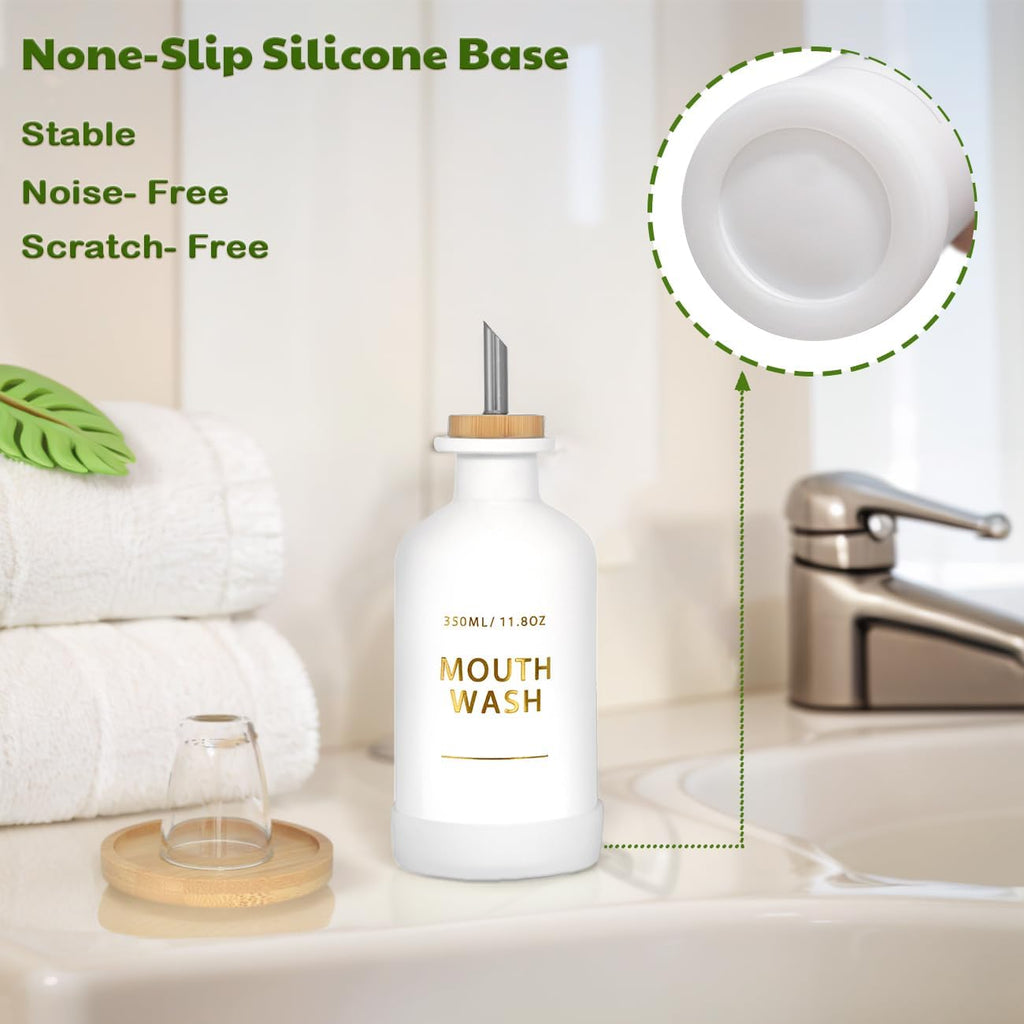Mouthwash Dispenser for Bathroom 11.8oz – Glass Mouthwash Bottle with Cup & Bamboo Tray, Gold Hot-Stamped Lettering, Nordic Style Countertop Accessory, White Bathroom Accessories (White)