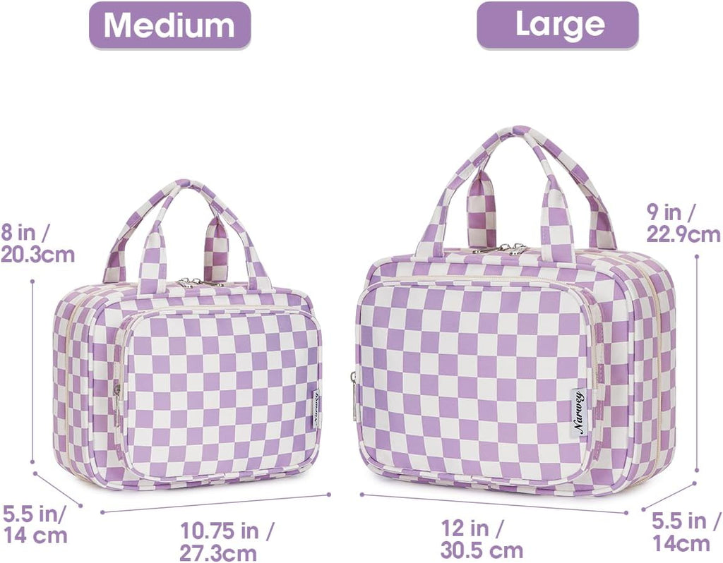 Narwey Travel Toiletry Bag for Women Large Hanging Makeup Bag Organizer Toiletries Bag for Full Size Essentials Accessories Cosmetics (Purple Checkerboard (Large))
