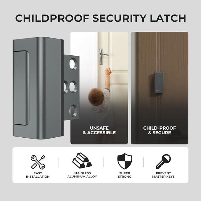2Pack Home Security Door Reinforcement Lock Childproof, Door Locks for Kids Safety, Door Lock Latch Stopper for Front Door Inside Top of Door, Aluminum Construction Finish