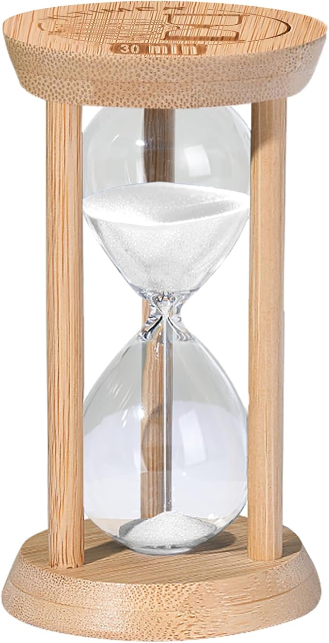 Wooden Sand Timers,30 Minute Stunning Glass Bamboo White Sand Hourglass for Productivity, Meditation & Decor, 30 Min Reloj De Arena for Kitchen, Office, Yoga, Game, Classroom