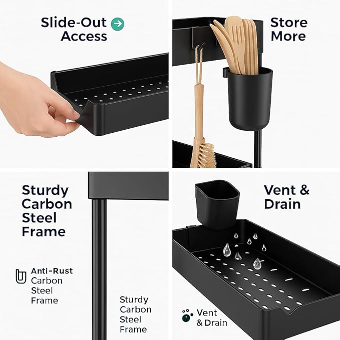 2-Tier Under Sink Organizer – Sliding Storage Rack with 4 Hooks & 1 Cup | Multi-Purpose Space Saving Shelf for Kitchen Cabinet, Countertop, Bathroom, Pantry & Office Organization, Black