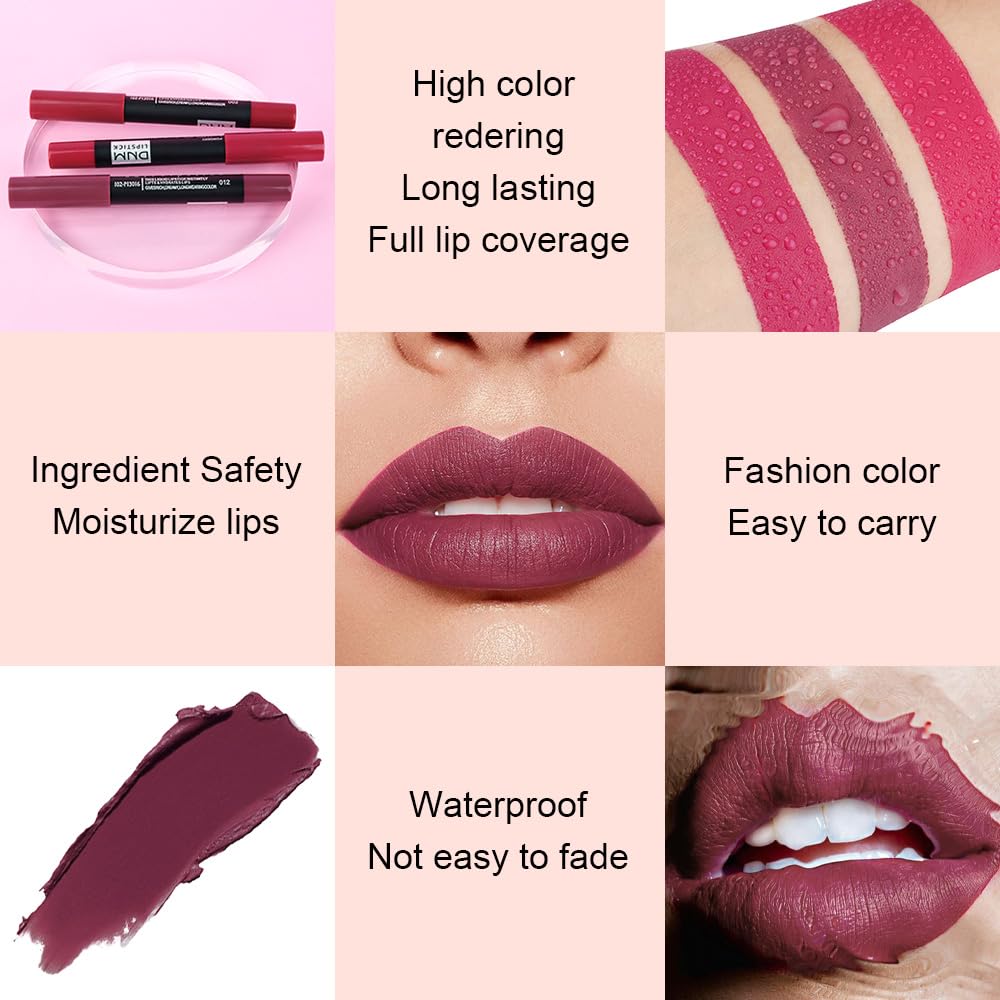 evpct 1Pcs Dark Grape Purple Matte Lipstick and Lip Crayon Liner Pencil Set for Women Lip Stain Long Lasting Waterproof labiales mate magicos 24 horas originales pintalabios permanente 24 horas 03