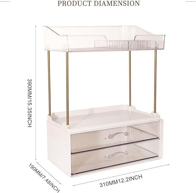 2-Tier 2-Drawer Bathroom Countertop Organizer, Multi-Purpose Makeup Organizer for Vanity, Large Skincare Countertop Organizer, Cosmetic Display Case for Dresser, Elegant Gifts for Women, Clear