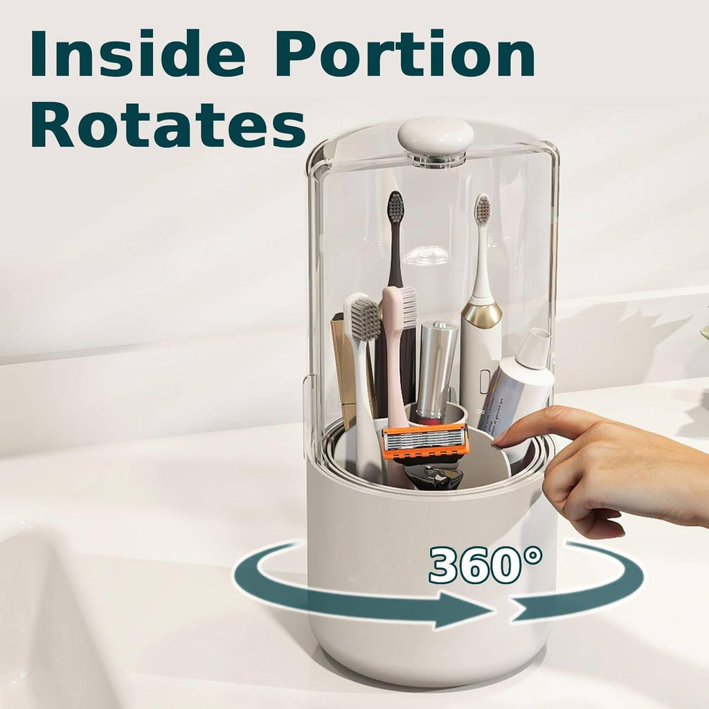 Toothbrush Holder with Cover 360 Rotating 4 Compartments Bathroom Toothpaste Electric Toothbrush Organizer, White