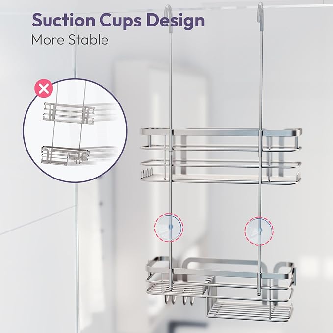 SWTYMIKI Shower Caddy Hanging Organizer - Over the Door Shower Caddy with Soap Holder, 11 Hooks, 2 Installation Ways, Stainless Steel Rustproof Bathroom Organizer, Sand Nickel