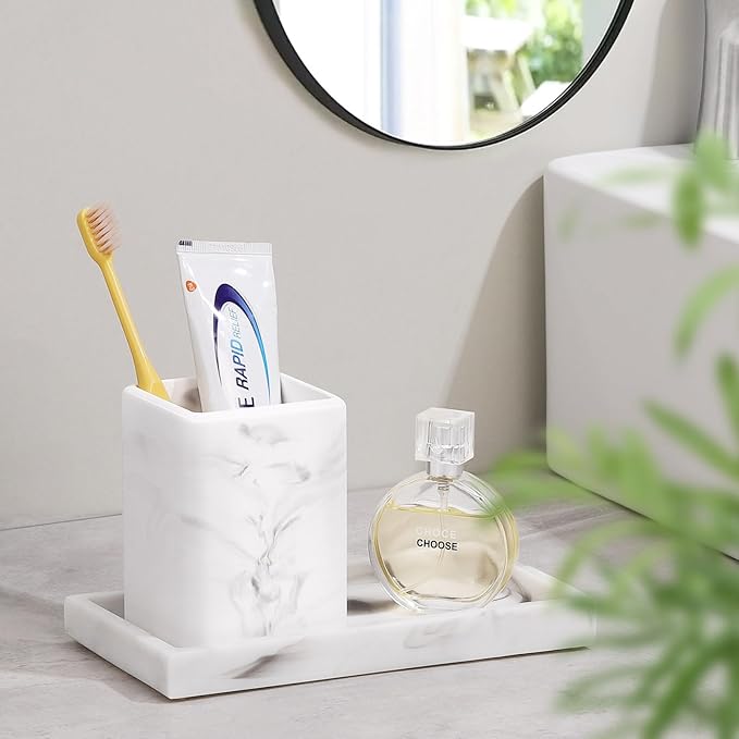 Luxspire Toothbrush Holders, Fast Drying Toothbrush Holders for Bathroom, Diatomite Toothbrush Cups Electric Toothbrush and Toothpaste Holder for Bathroom Countertop, Marble