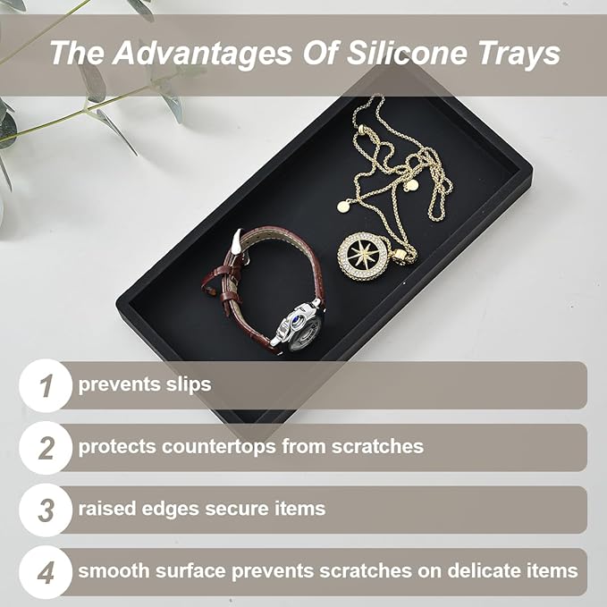 2PCS 7.87” L x 3.93” W Silicone Soap Dispenser Trays, countertop Tray for Kitchen Counter, Toilet, Small Black Tray for Scrubber, Lotion Bottles, Perfume, Jewelry, Candle, Key Trinket Ring-Black