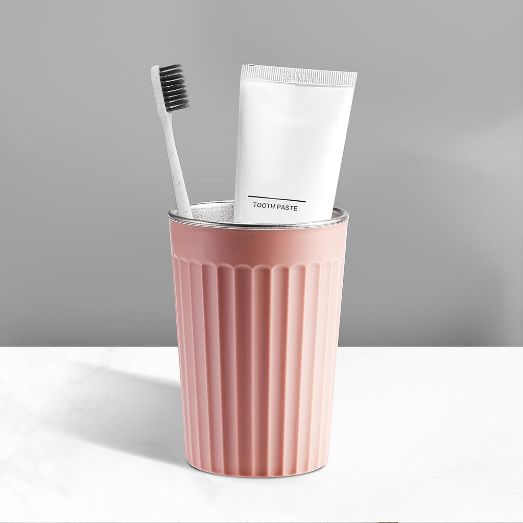 Toothbrush Holder for Bathroom-12oz Unbreakable Stainless Steel Bathroom Cup,Easy to Clean Toothbrush Cup, Reusable Bathroom Tumbler Cups for Home/School/Office(3" x 4.5") (Pink)